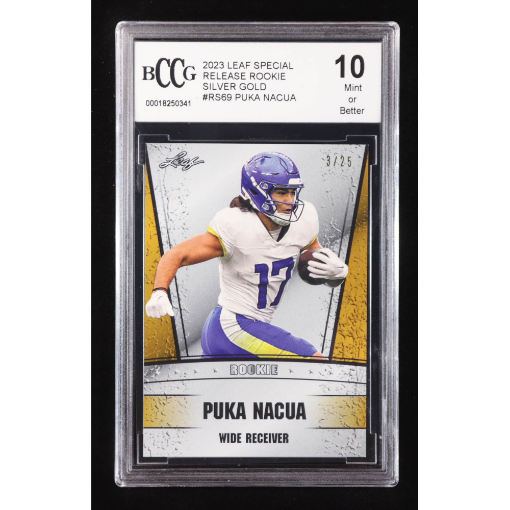 Puka Nacua 2023 Leaf Special Release Rookie Silver Gold #RS69 RC #3/25 (BCCG 10) at PristineAuction.com
