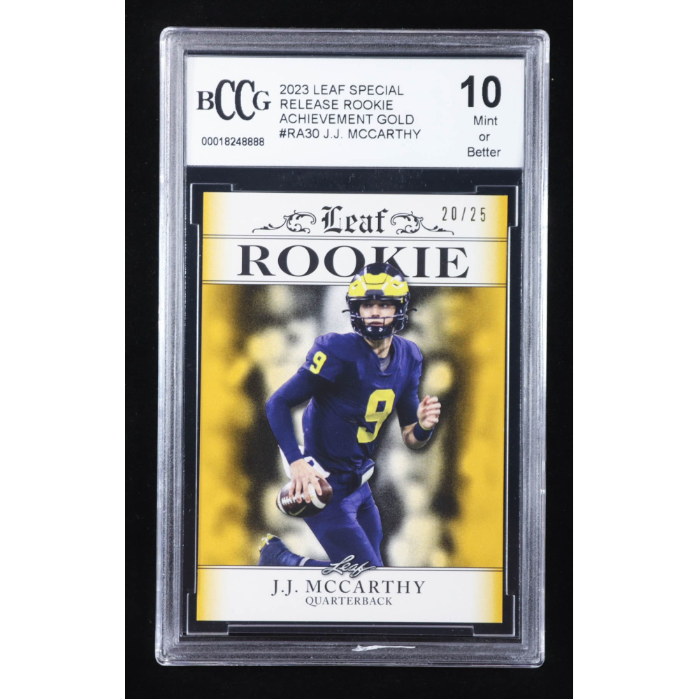 J.J. McCarthy 2023 Leaf Special Release Rookie Achievement Gold #RA30 RC #20/25 (BCCG 10) at PristineAuction.com