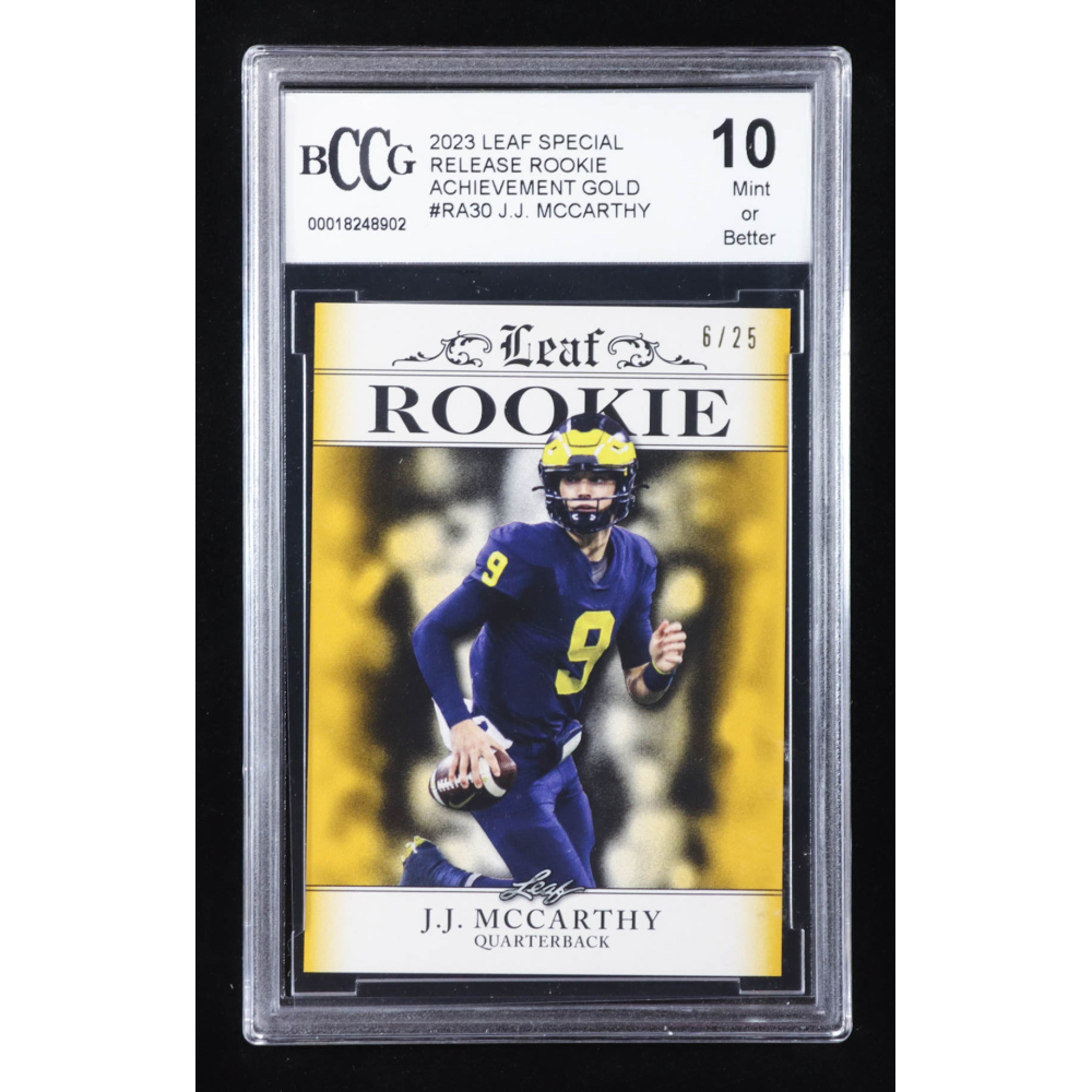 J.J. McCarthy 2023 Leaf Special Release Rookie Achievement Gold #RA30 RC #6/25 (BCCG 10) at PristineAuction.com