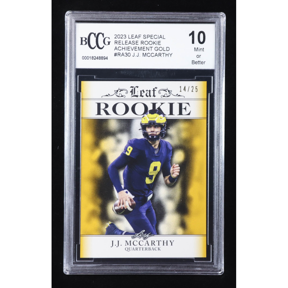 J.J. McCarthy 2023 Leaf Special Release Rookie Achievement Gold #RA30 RC #14/25 (BCCG 10) at PristineAuction.com
