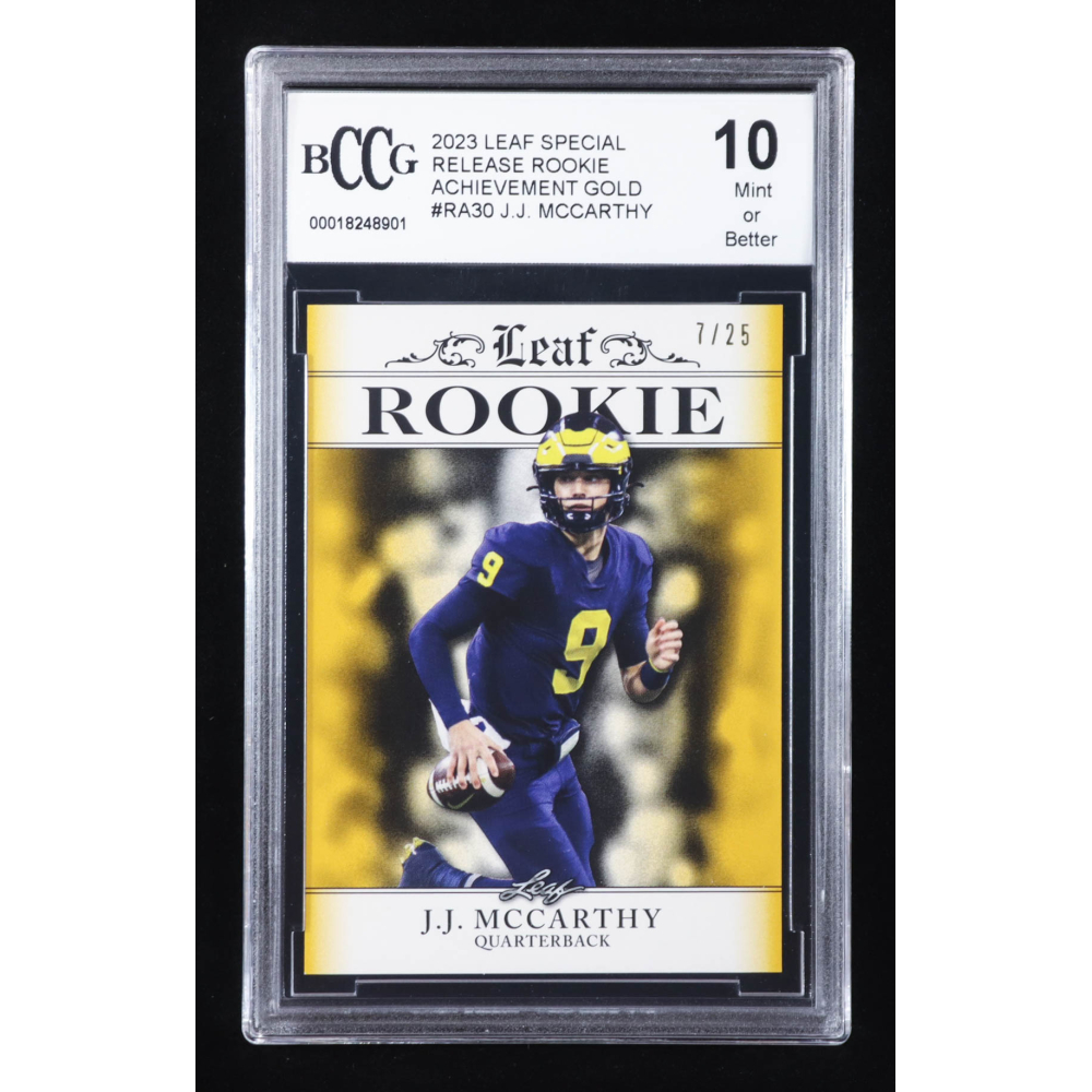 J.J. McCarthy 2023 Leaf Special Release Rookie Achievement Gold #RA30 RC #7/25 (BCCG 10) at PristineAuction.com