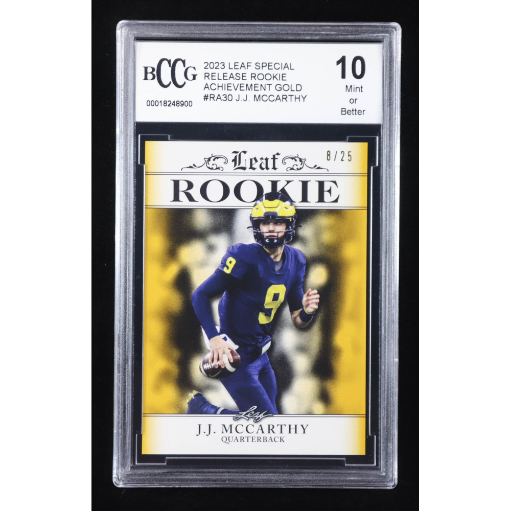J.J. McCarthy 2023 Leaf Special Release Rookie Achievement Gold #RA30 RC #8/25 (BCCG 10) at PristineAuction.com