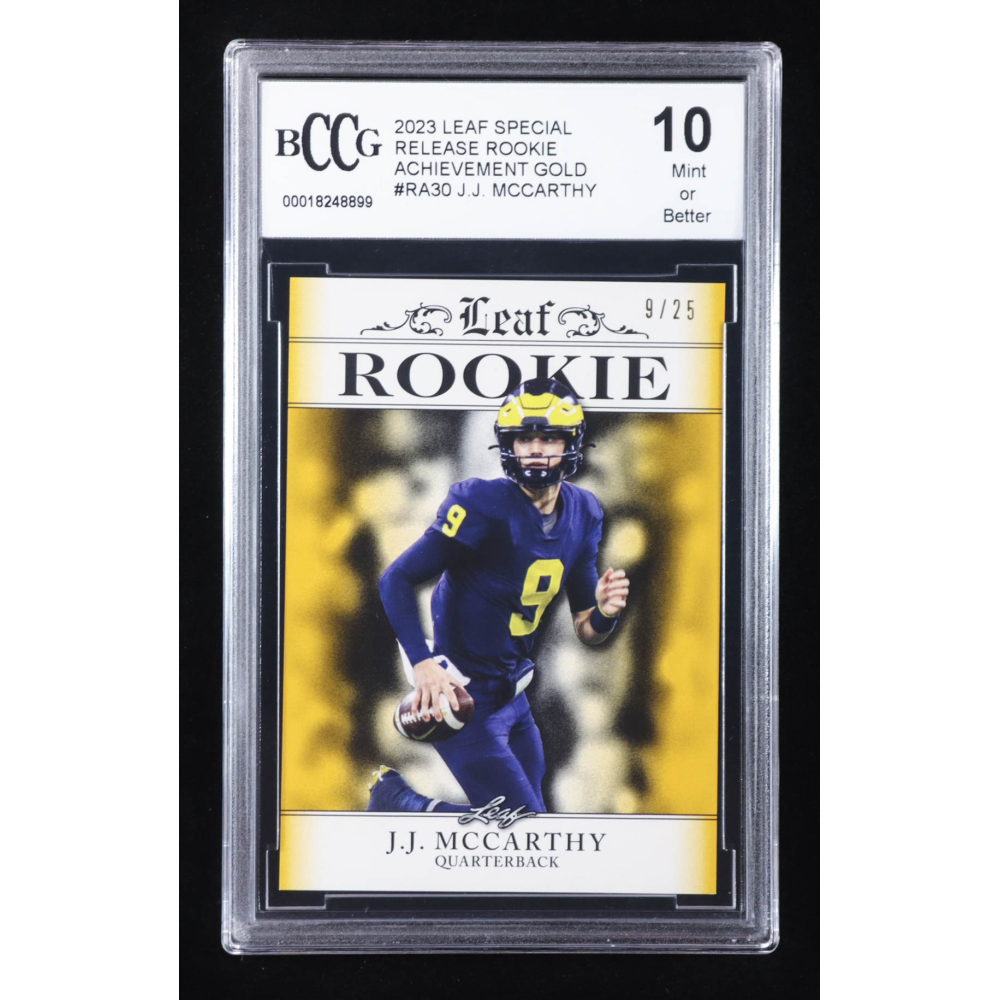 J.J. McCarthy 2023 Leaf Special Release Rookie Achievement Gold #RA30 RC #9/25 (BCCG 10) at PristineAuction.com