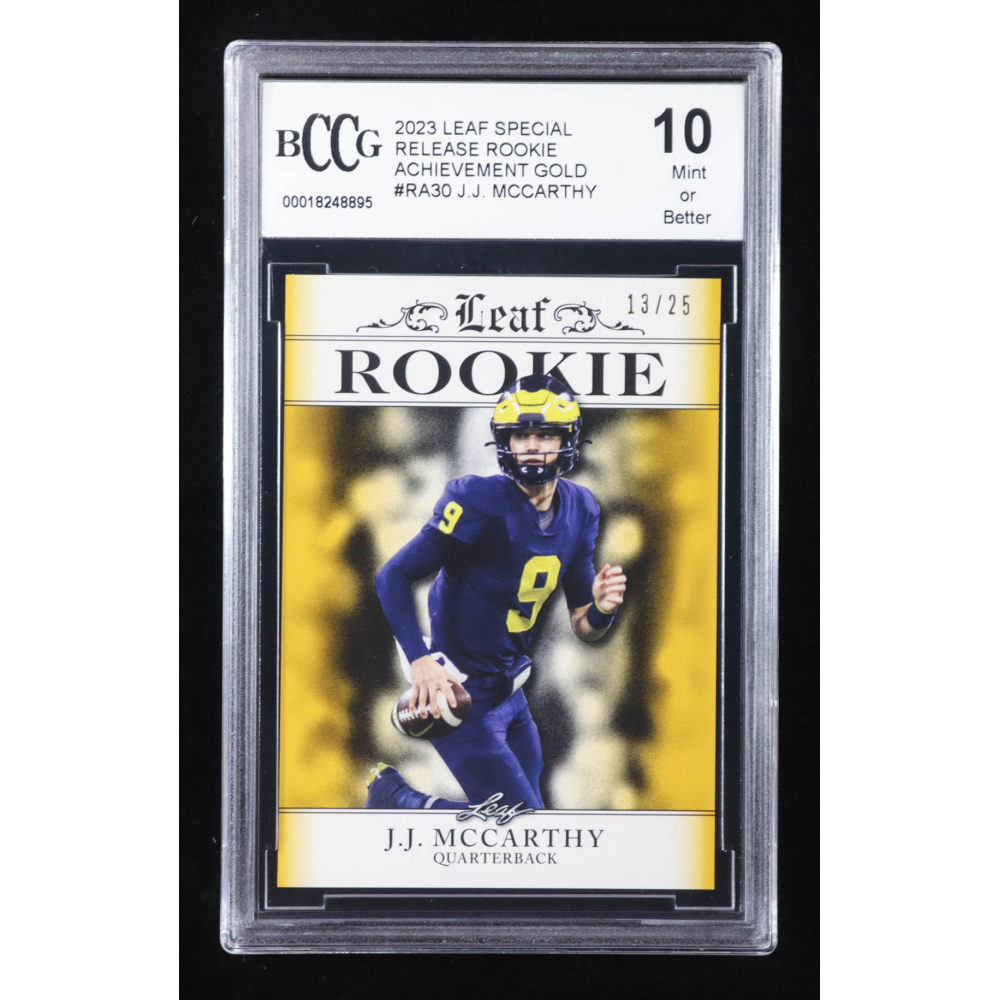 J.J. McCarthy 2023 Leaf Special Release Rookie Achievement Gold #RA30 RC #13/25 (BCCG 10) at PristineAuction.com