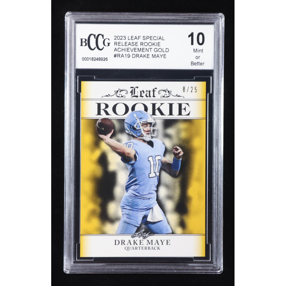 Drake Maye 2023 Leaf Special Release Rookie Achievement Gold #RA19 RC #8/25 (BCCG 10) at PristineAuction.com