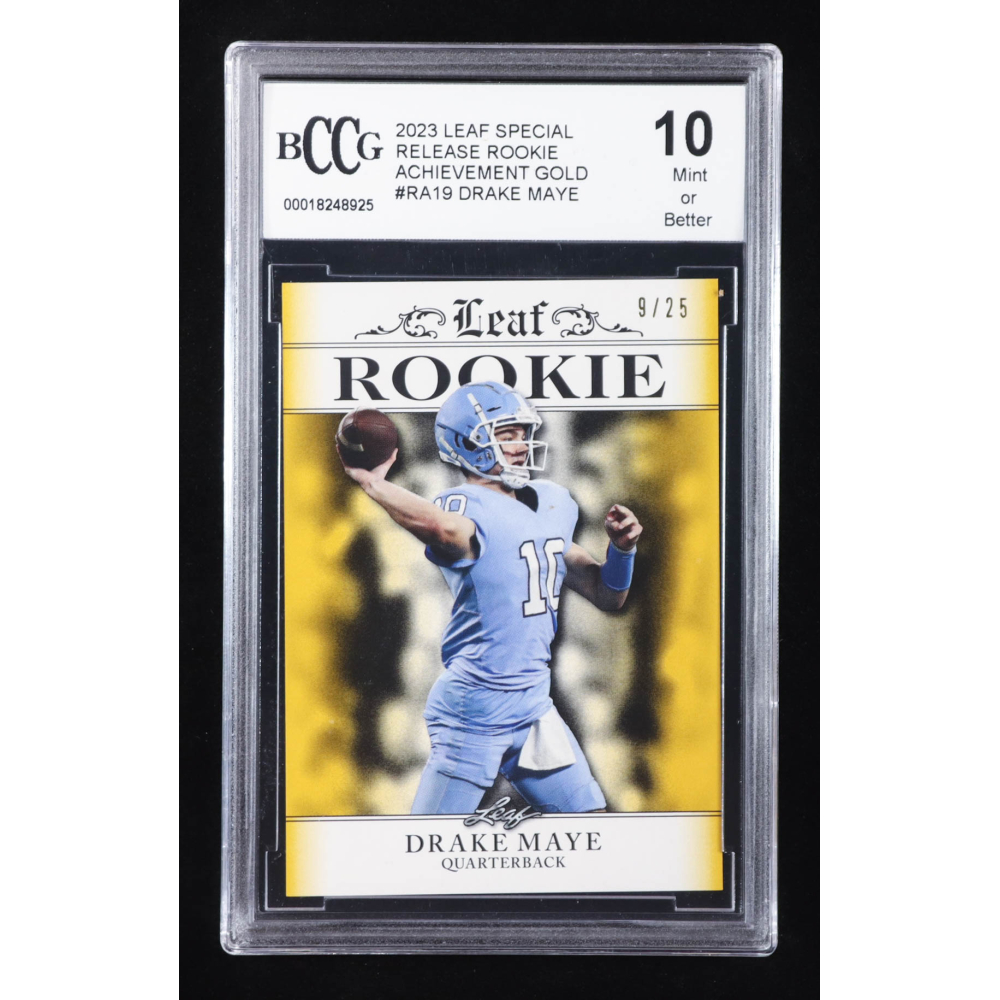 Drake Maye 2023 Leaf Special Release Rookie Achievement Gold #RA19 RC #9/25 (BCCG 10) at PristineAuction.com