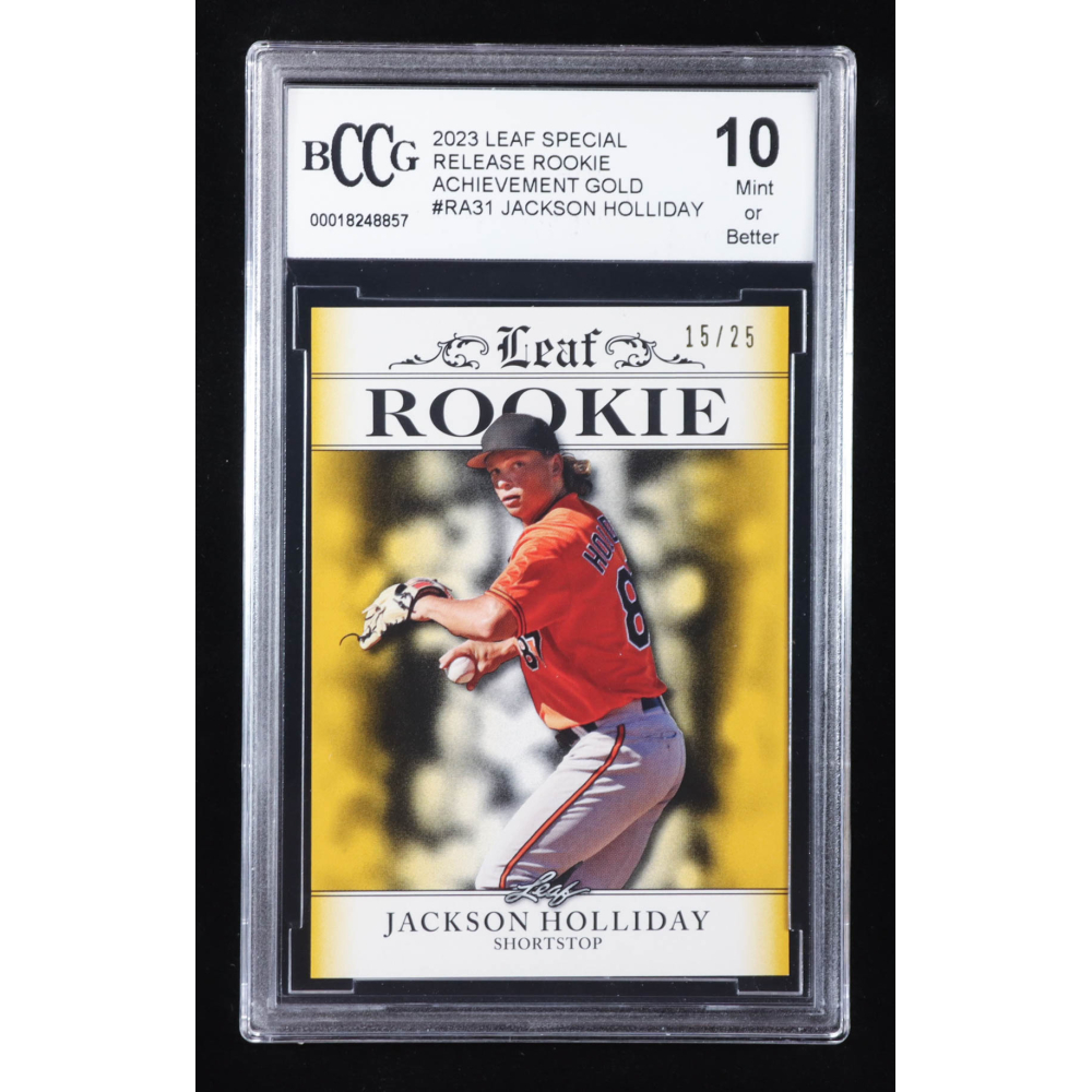 Jackson Holliday 2023 Leaf Special Release Rookie Achievement Gold #RA31 RC #15/25 (BCCG 10) at PristineAuction.com