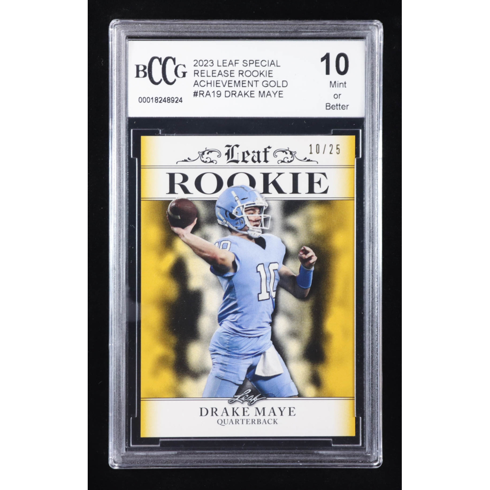 Drake Maye 2023 Leaf Special Release Rookie Achievement Gold #RA19 RC #10/25 (BCCG 10) at PristineAuction.com