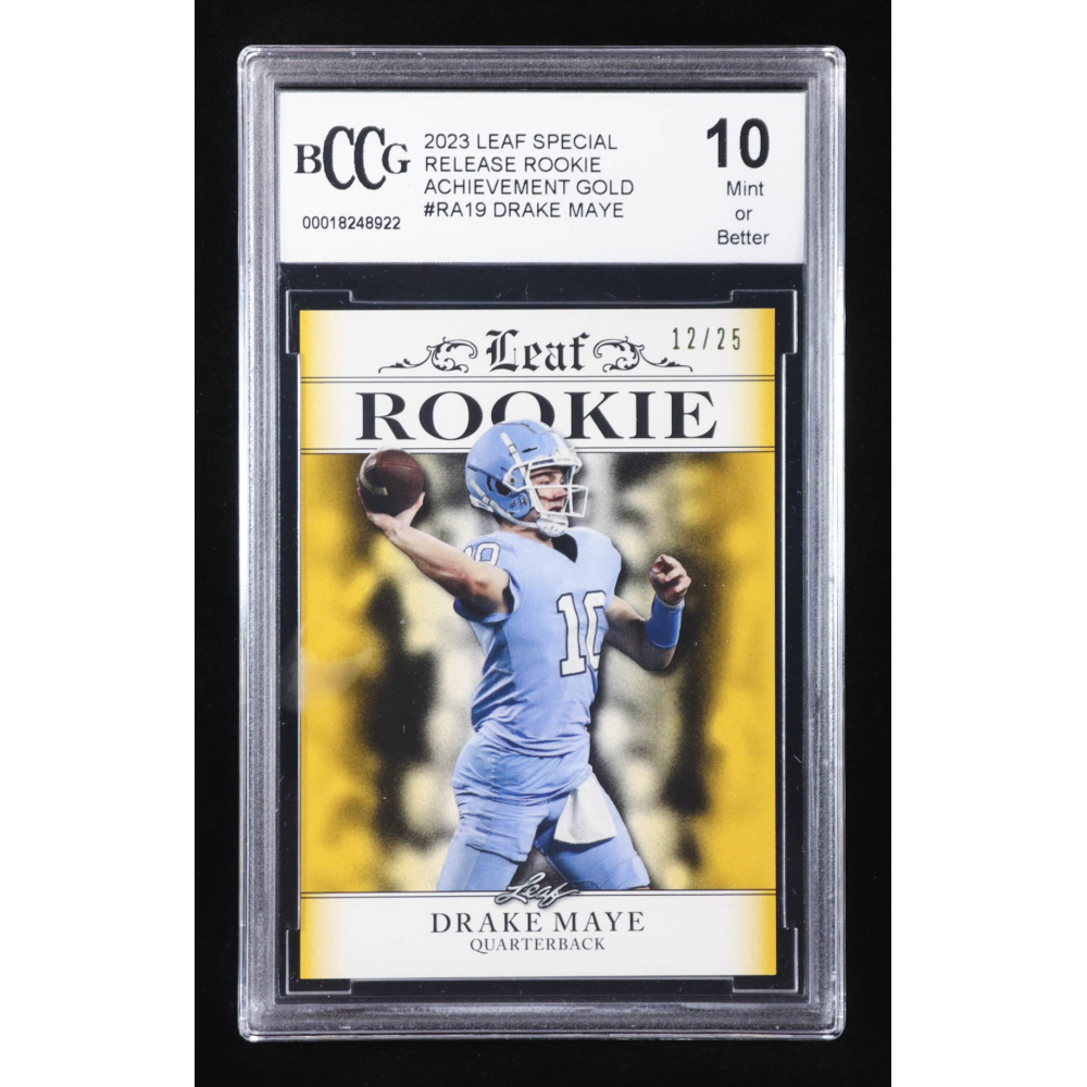 Drake Maye 2023 Leaf Special Release Rookie Achievement Gold #RA19 RC #12/25 (BCCG 10) at PristineAuction.com