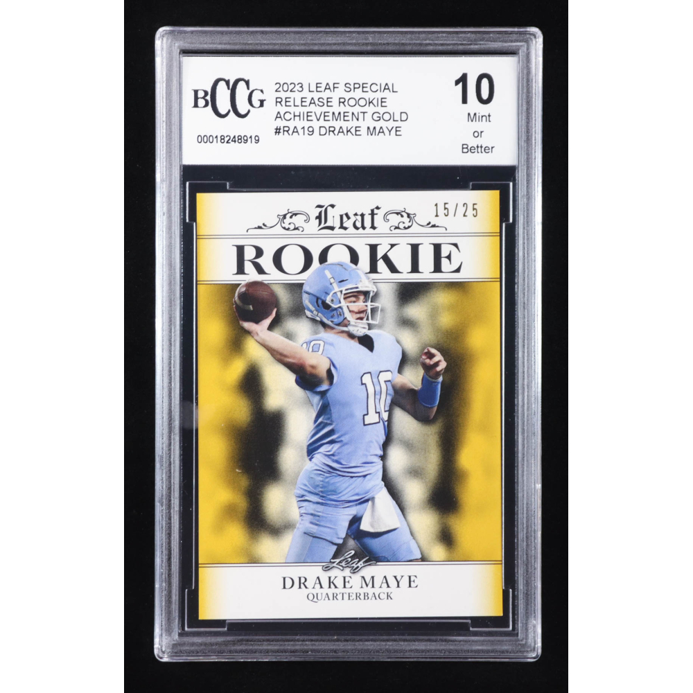 Drake Maye 2023 Leaf Special Release Rookie Achievement Gold #RA19 RC #15/25 (BCCG 10) at PristineAuction.com