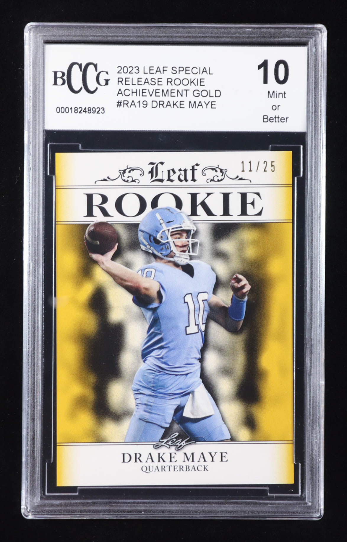 Drake Maye 2023 Leaf Special Release Rookie Achievement Gold #RA19 RC #11/25 (BCCG 10) at PristineAuction.com Drake Maye 2023 Leaf Special Release Rookie Achievement Gold #RA19 RC #11/25 (BCCG 10) at PristineAuction.com
