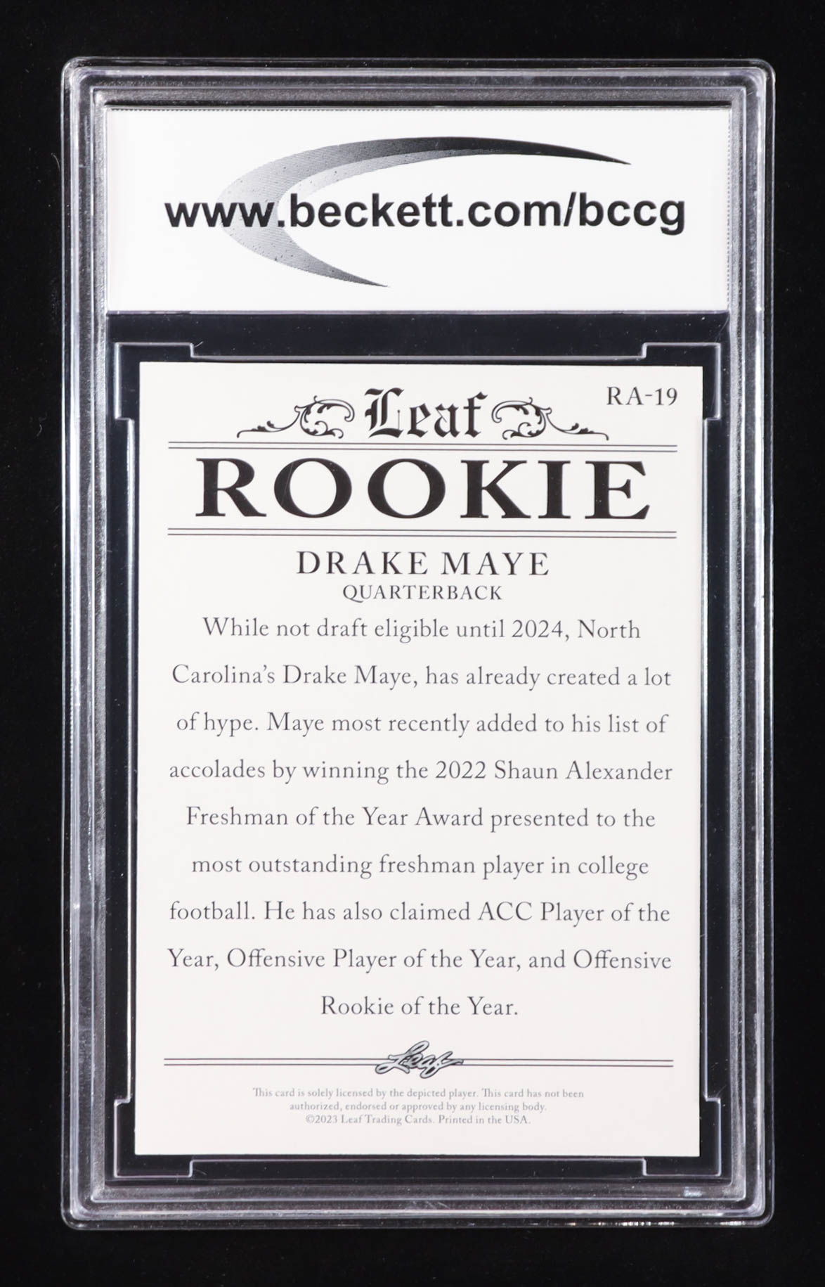 Drake Maye 2023 Leaf Special Release Rookie Achievement Gold #RA19 RC #11/25 (BCCG 10) at PristineAuction.com Drake Maye 2023 Leaf Special Release Rookie Achievement Gold #RA19 RC #11/25 (BCCG 10) at PristineAuction.com