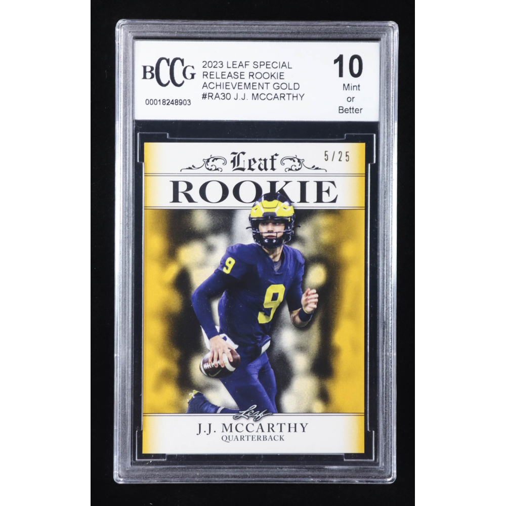 J.J. McCarthy 2023 Leaf Special Release Rookie Achievement Gold #RA30 RC #5/25 (BCCG 10) at PristineAuction.com