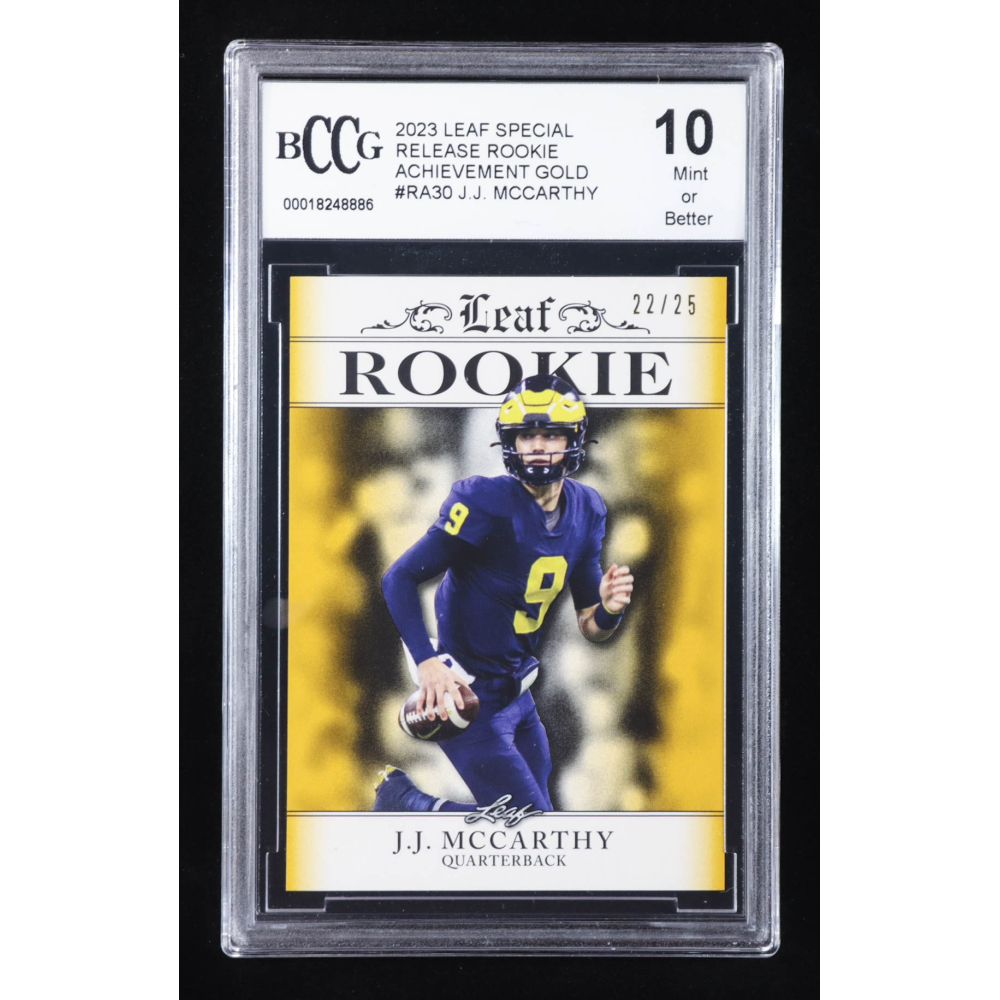 J.J. McCarthy 2023 Leaf Special Release Rookie Achievement Gold #RA30 RC #22/25 (BCCG 10) at PristineAuction.com