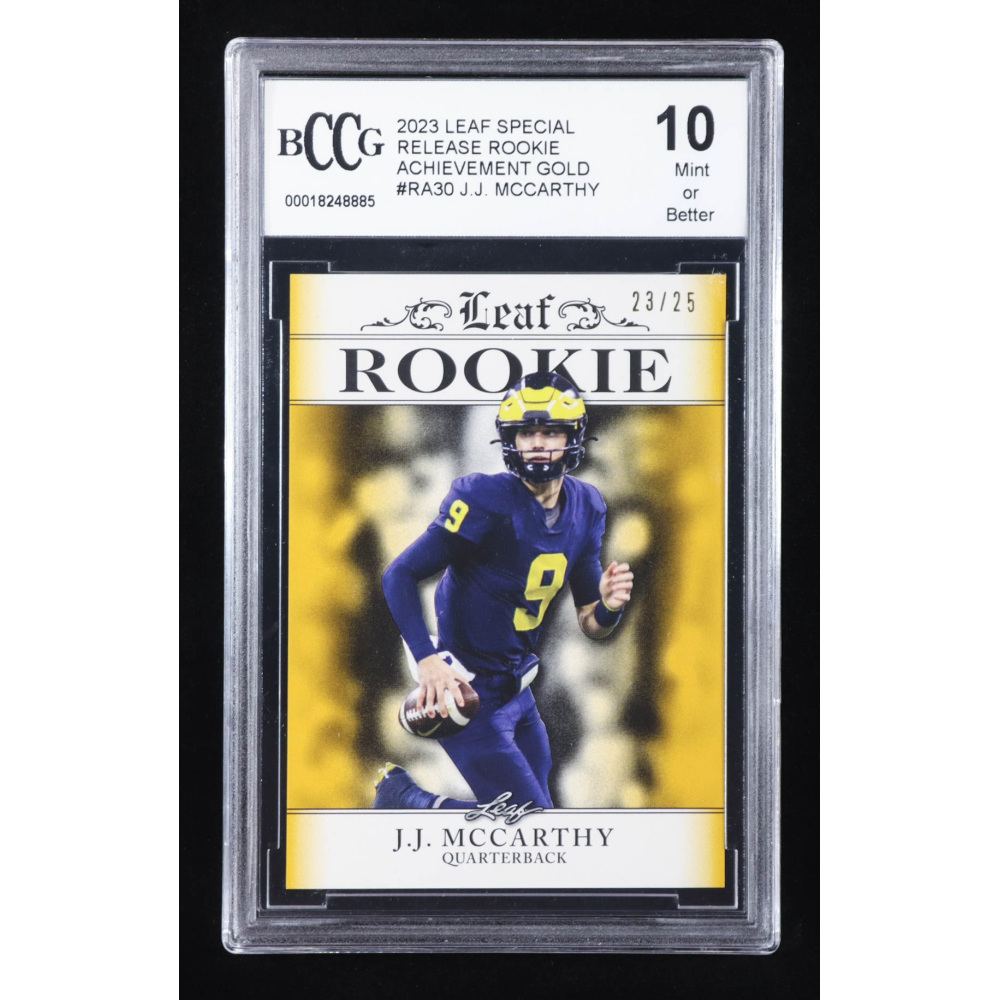 J.J. McCarthy 2023 Leaf Special Release Rookie Achievement Gold #RA30 RC #23/25 (BCCG 10) at PristineAuction.com