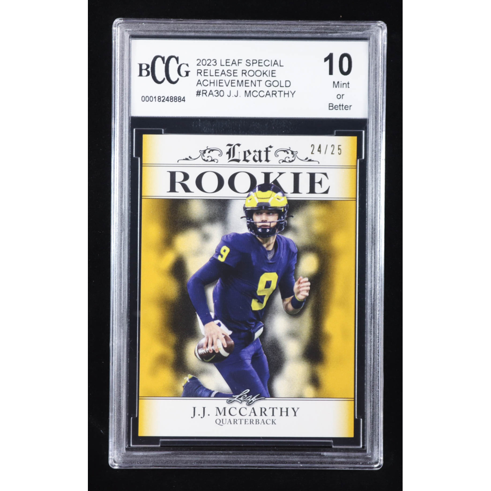 J.J. McCarthy 2023 Leaf Special Release Rookie Achievement Gold #RA30 RC #24/25 (BCCG 10) at PristineAuction.com