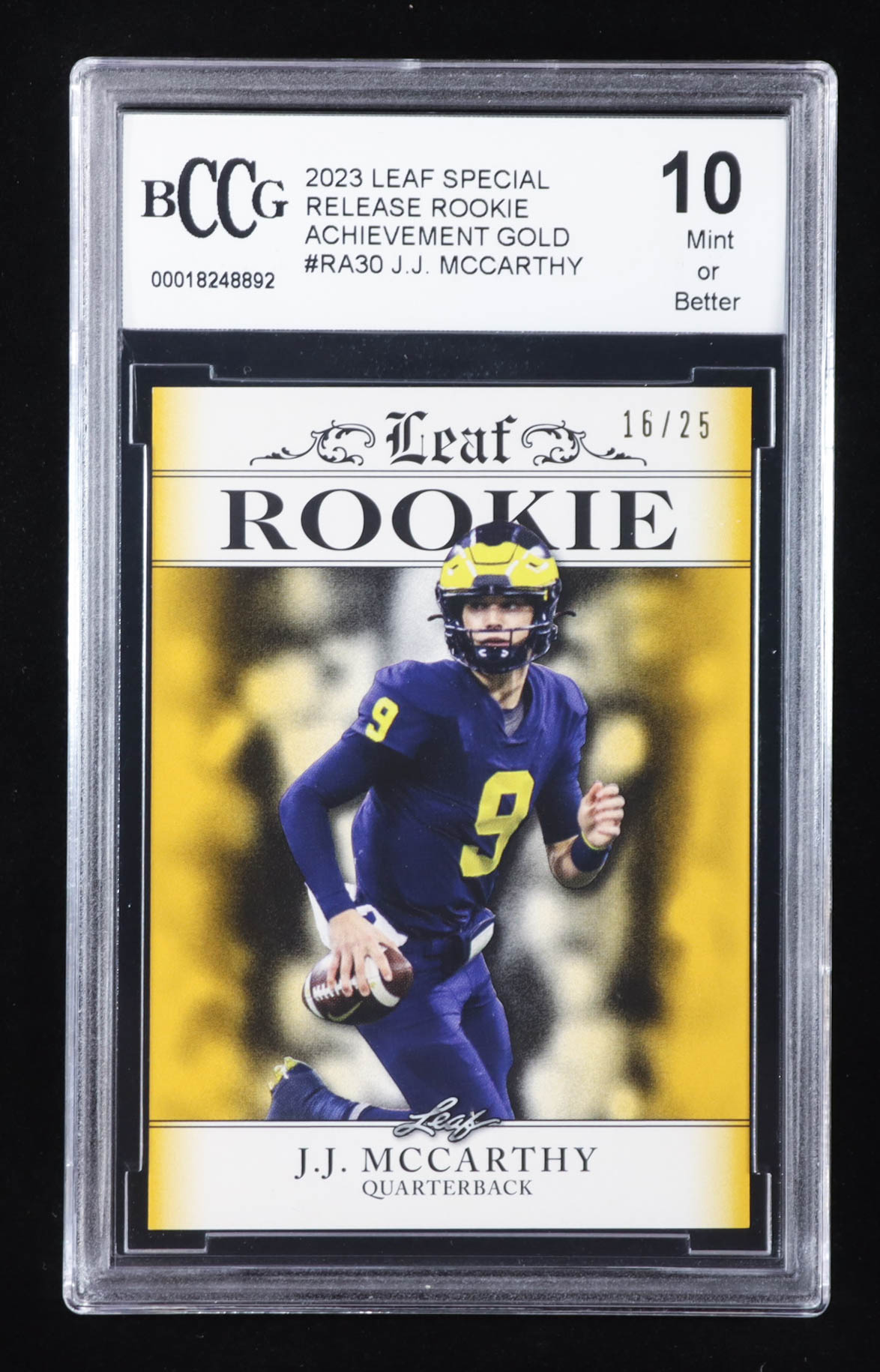 J.J. McCarthy 2023 Leaf Special Release Rookie Achievement Gold #RA30 RC #16/25 (BCCG 10) at PristineAuction.com J.J. McCarthy 2023 Leaf Special Release Rookie Achievement Gold #RA30 RC #16/25 (BCCG 10) at PristineAuction.com