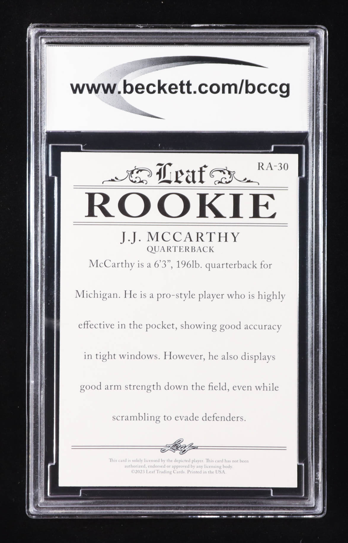 J.J. McCarthy 2023 Leaf Special Release Rookie Achievement Gold #RA30 RC #16/25 (BCCG 10) at PristineAuction.com J.J. McCarthy 2023 Leaf Special Release Rookie Achievement Gold #RA30 RC #16/25 (BCCG 10) at PristineAuction.com