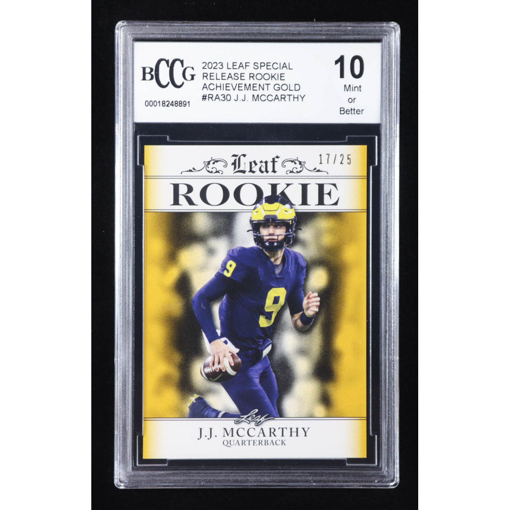 J.J. McCarthy 2023 Leaf Special Release Rookie Achievement Gold #RA30 RC #17/25 (BCCG 10) at PristineAuction.com