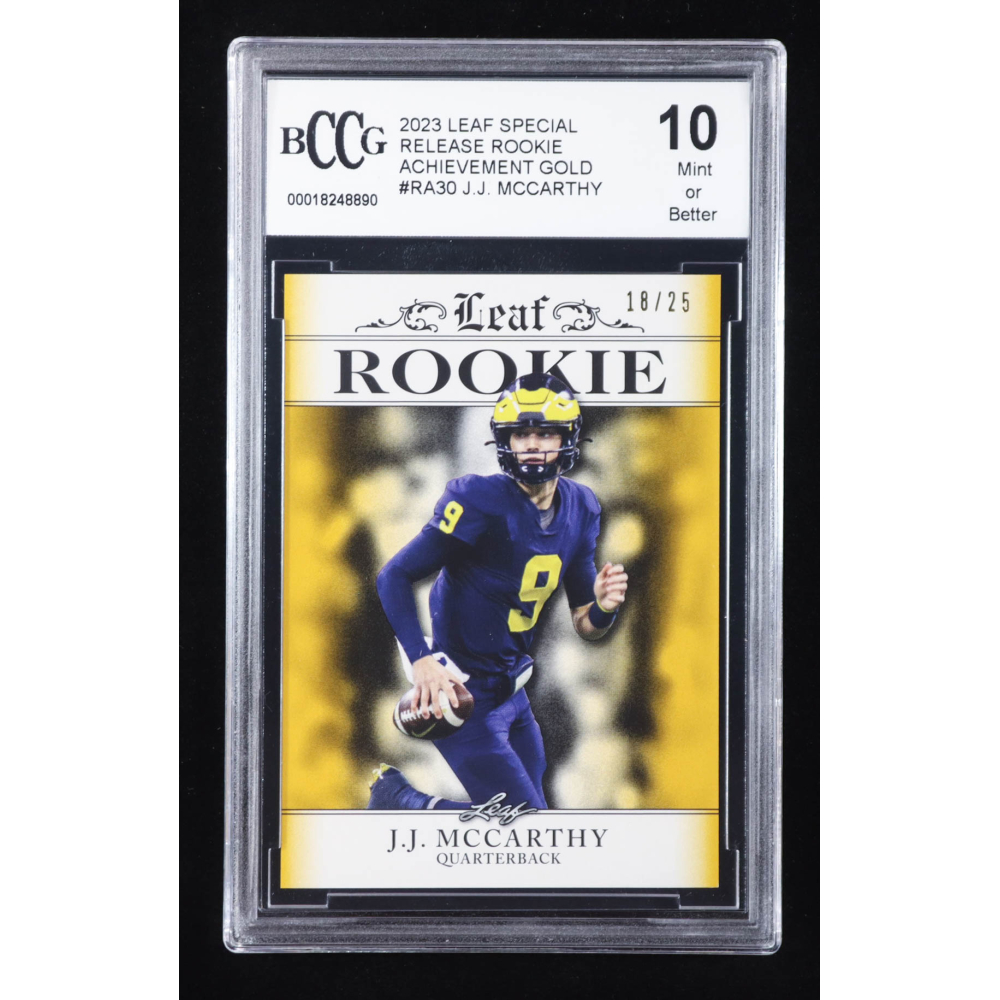 J.J. McCarthy 2023 Leaf Special Release Rookie Achievement Gold #RA30 RC #18/25 (BCCG 10) at PristineAuction.com