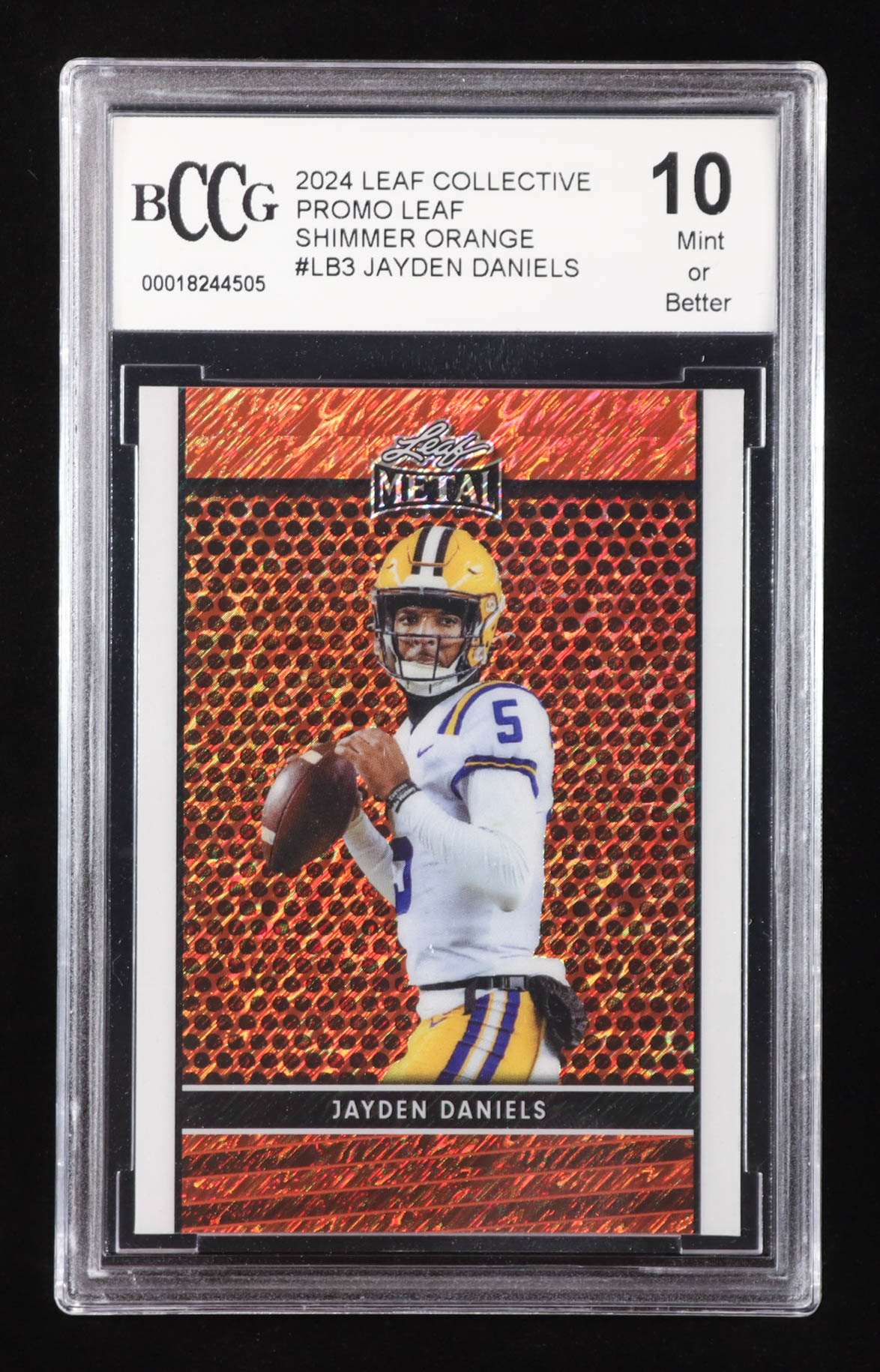 Jayden Daniels 2024 Leaf Collective Promo Leaf Shimmer Orange #LB3 RC #271/299 (BCCG 10) at PristineAuction.com Jayden Daniels 2024 Leaf Collective Promo Leaf Shimmer Orange #LB3 RC #271/299 (BCCG 10) at PristineAuction.com