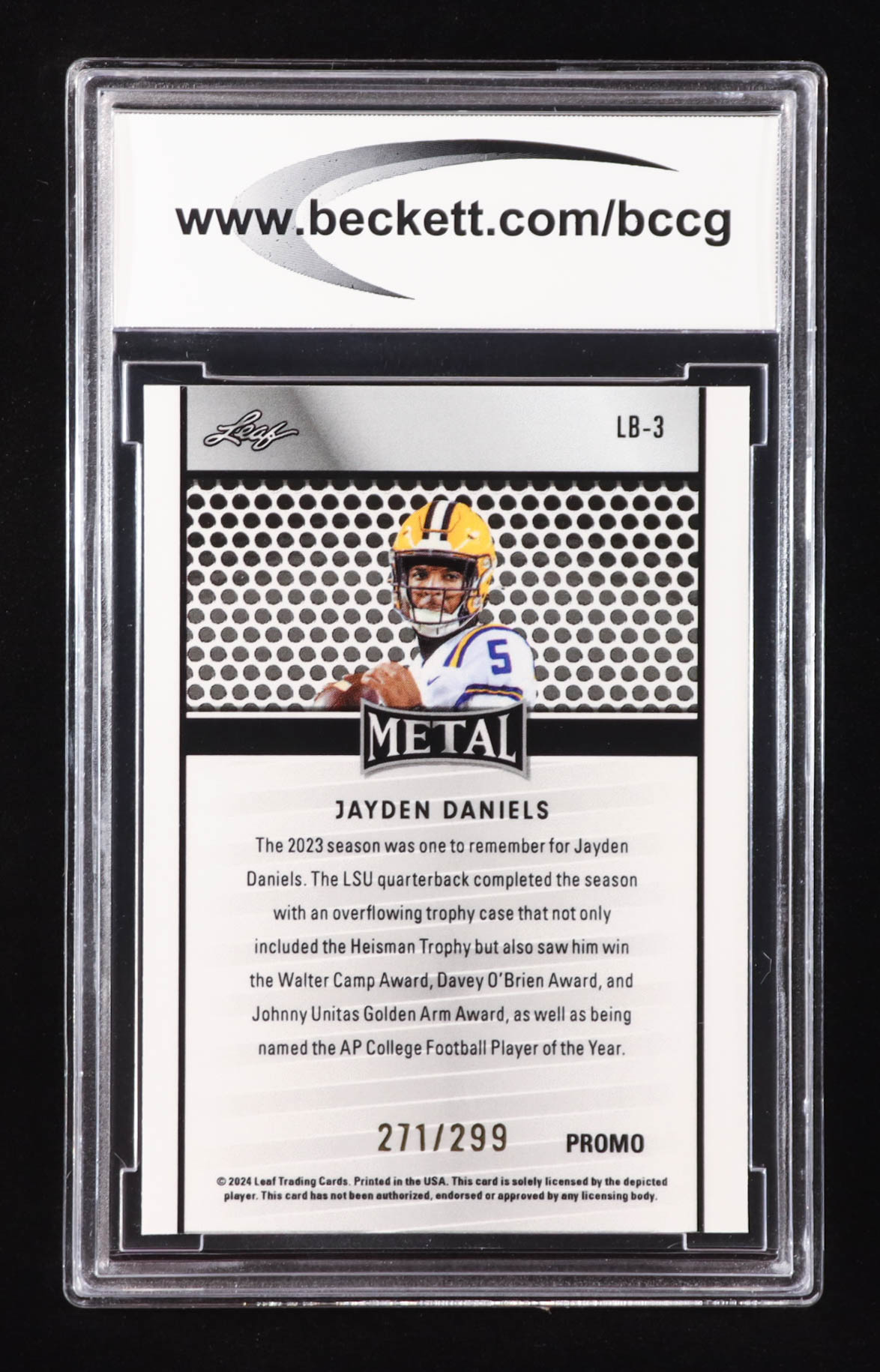Jayden Daniels 2024 Leaf Collective Promo Leaf Shimmer Orange #LB3 RC #271/299 (BCCG 10) at PristineAuction.com Jayden Daniels 2024 Leaf Collective Promo Leaf Shimmer Orange #LB3 RC #271/299 (BCCG 10) at PristineAuction.com
