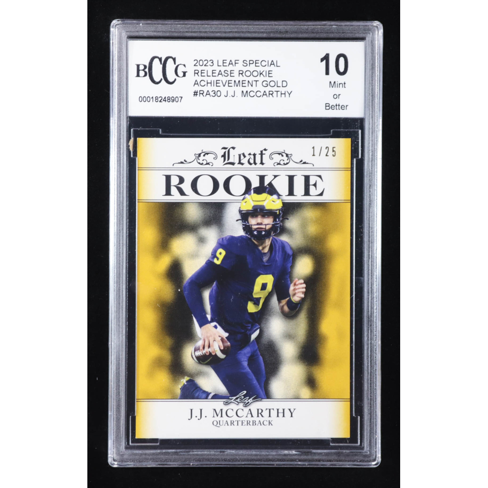 J.J. McCarthy 2023 Leaf Special Release Rookie Achievement Gold #RA30 RC #1/25 (BCCG 10) at PristineAuction.com