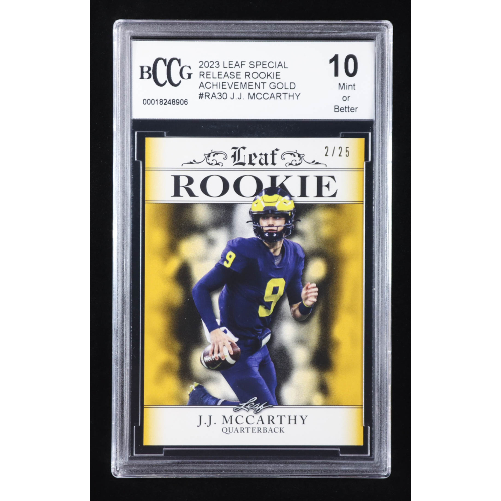 J.J. McCarthy 2023 Leaf Special Release Rookie Achievement Gold #RA30 RC #2/25 (BCCG 10) at PristineAuction.com