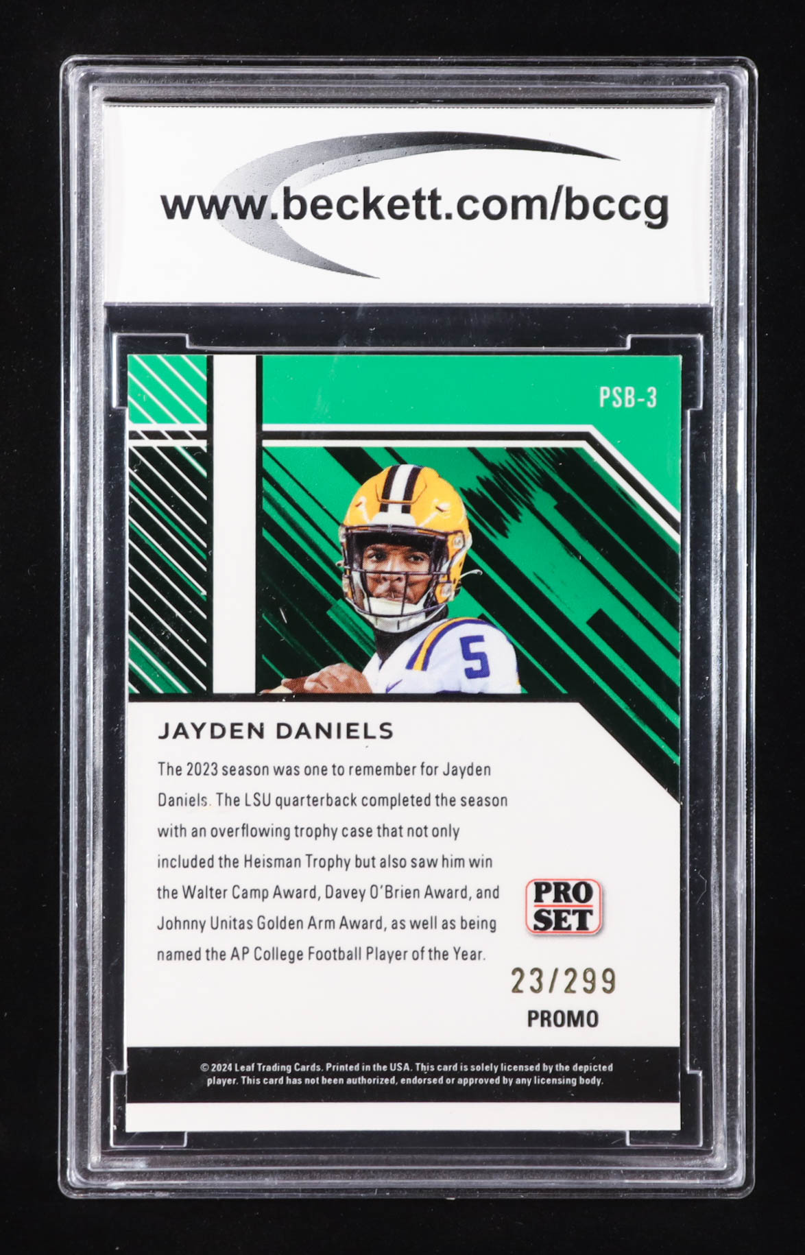 Jayden Daniels 2024 Leaf Collective Promo Pro Set Shimmer Orange #PSB3 RC #23/299 (BCCG 10) at PristineAuction.com Jayden Daniels 2024 Leaf Collective Promo Pro Set Shimmer Orange #PSB3 RC #23/299 (BCCG 10) at PristineAuction.com
