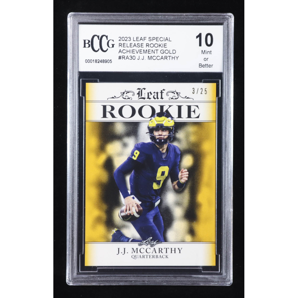 J.J. McCarthy 2023 Leaf Special Release Rookie Achievement Gold #RA30 RC #3/25 (BCCG 10) at PristineAuction.com