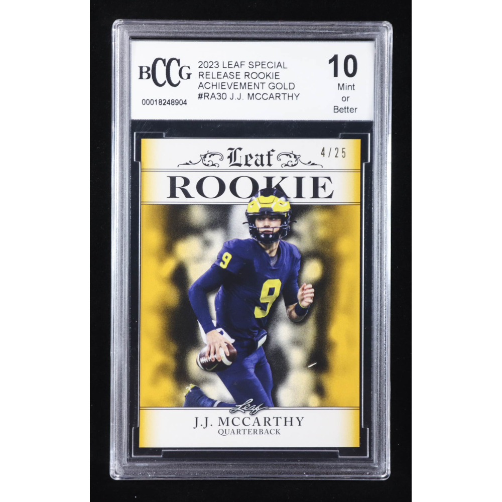 J.J. McCarthy 2023 Leaf Special Release Rookie Achievement Gold #RA30 RC #4/25 (BCCG 10) at PristineAuction.com