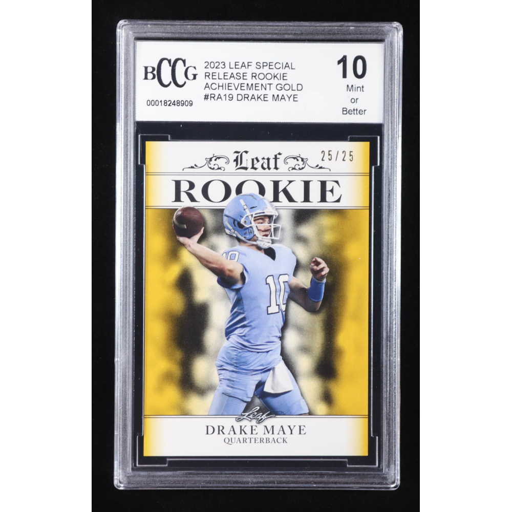 Drake Maye 2023 Leaf Special Release Rookie Achievement Gold #RA19 RC #25/25 (BCCG 10) at PristineAuction.com