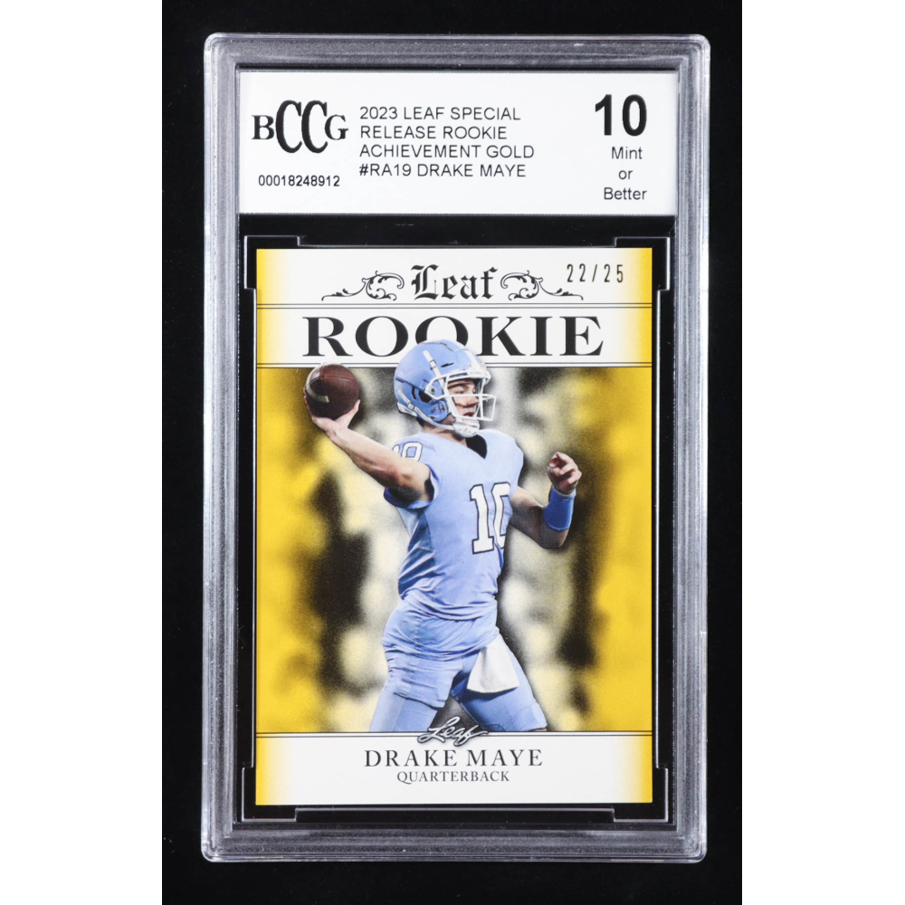 Drake Maye 2023 Leaf Special Release Rookie Achievement Gold #RA19 RC #22/25 (BCCG 10) at PristineAuction.com