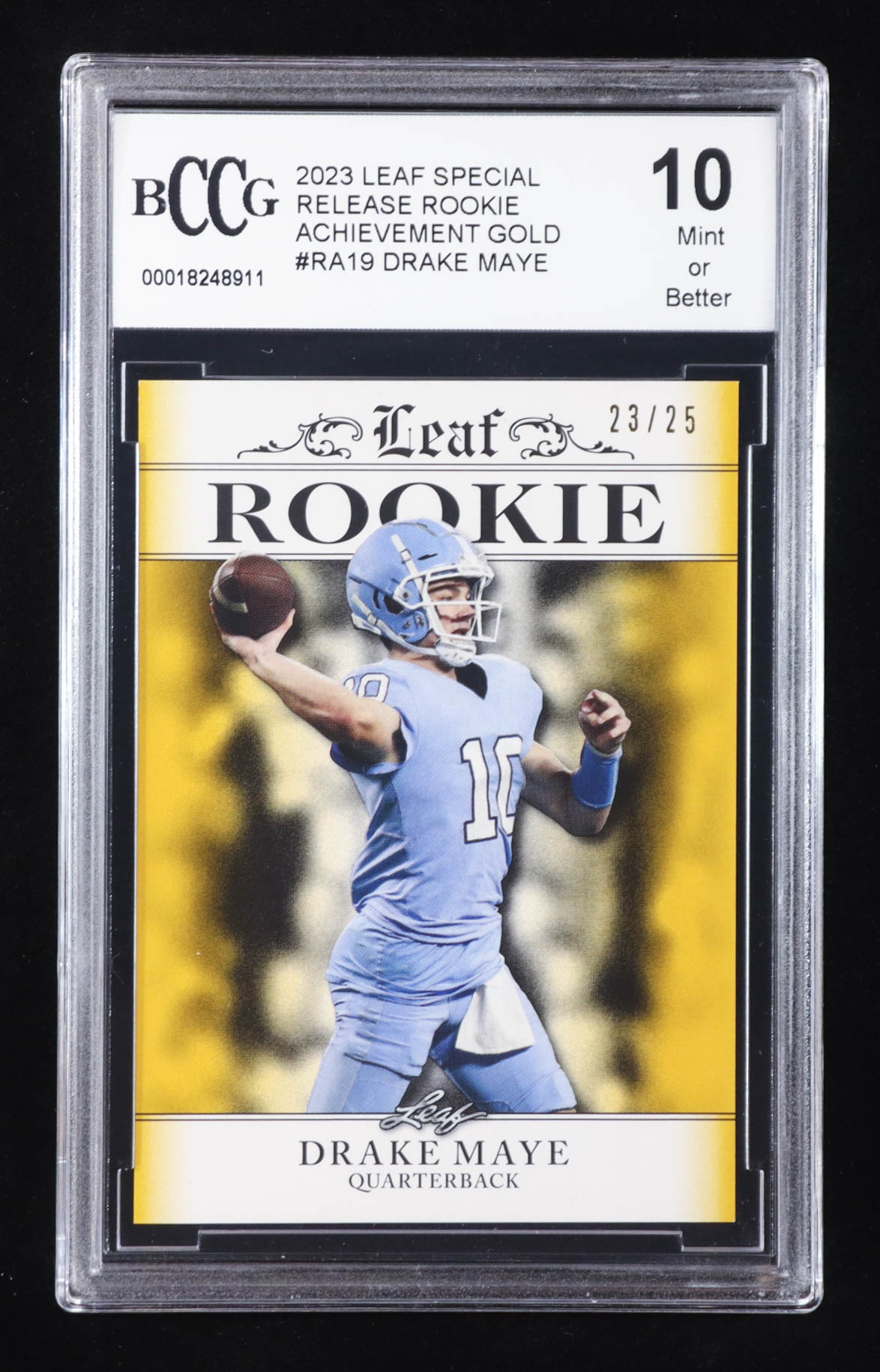 Drake Maye 2023 Leaf Special Release Rookie Achievement Gold #RA19 RC #23/25 (BCCG 10) at PristineAuction.com Drake Maye 2023 Leaf Special Release Rookie Achievement Gold #RA19 RC #23/25 (BCCG 10) at PristineAuction.com