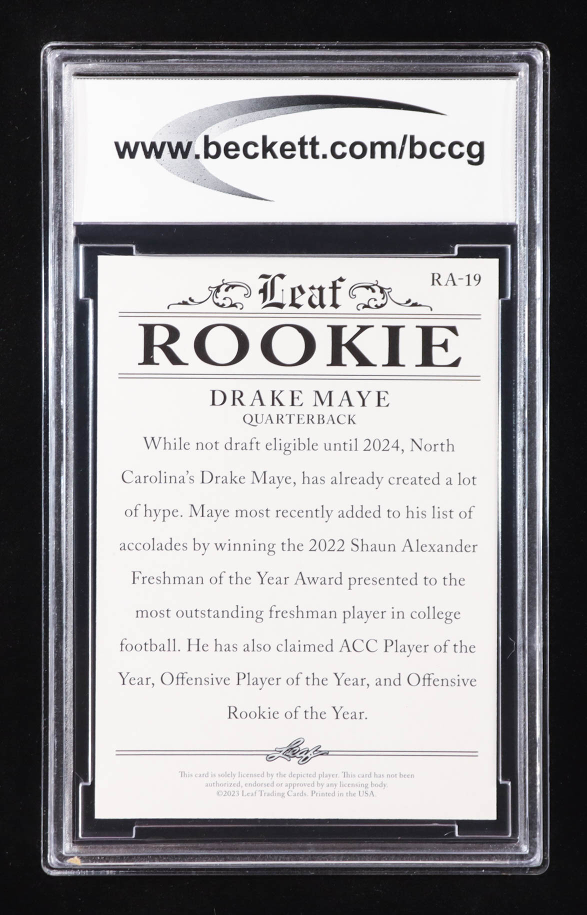 Drake Maye 2023 Leaf Special Release Rookie Achievement Gold #RA19 RC #23/25 (BCCG 10) at PristineAuction.com Drake Maye 2023 Leaf Special Release Rookie Achievement Gold #RA19 RC #23/25 (BCCG 10) at PristineAuction.com