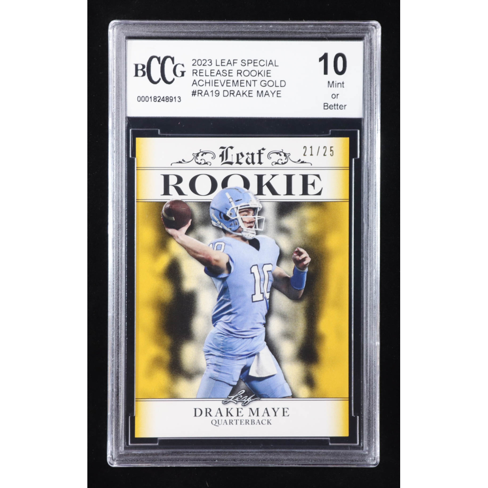 Drake Maye 2023 Leaf Special Release Rookie Achievement Gold #RA19 RC #21/25 (BCCG 10) at PristineAuction.com