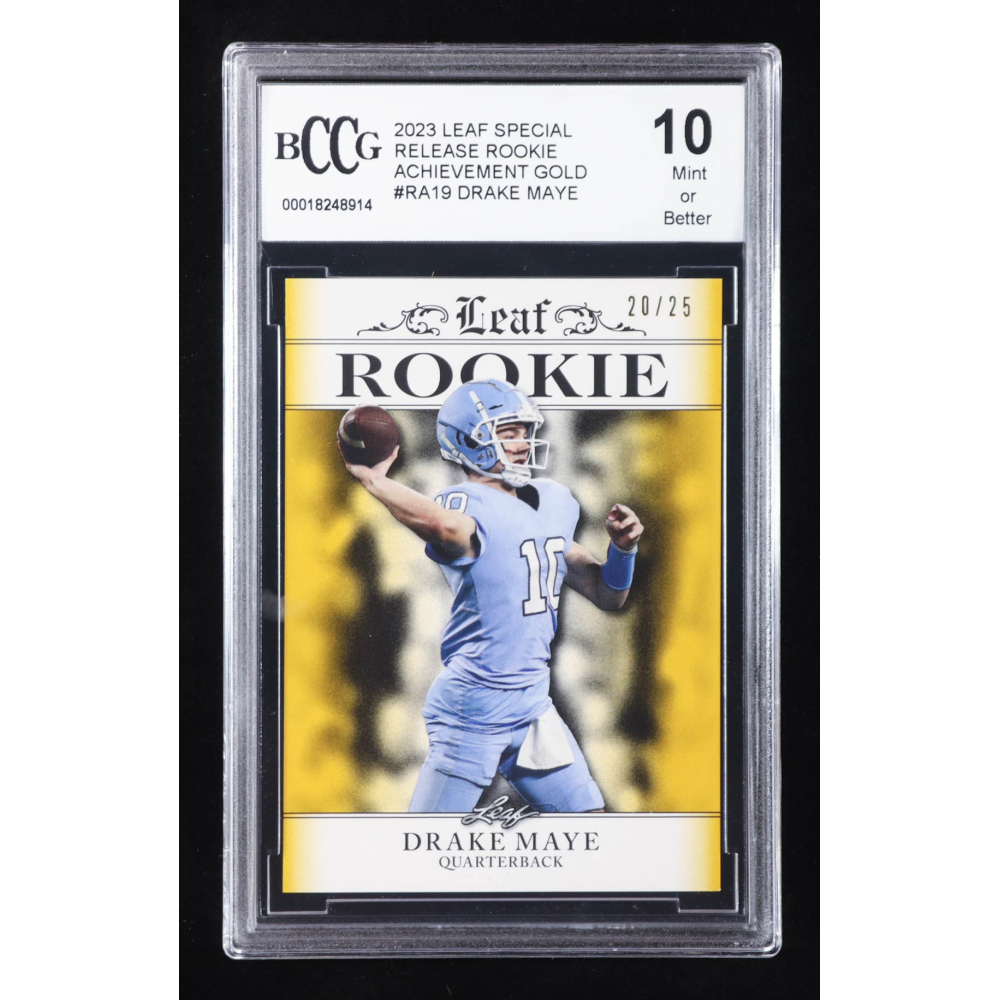 Drake Maye 2023 Leaf Special Release Rookie Achievement Gold #RA19 RC #20/25 (BCCG 10) at PristineAuction.com