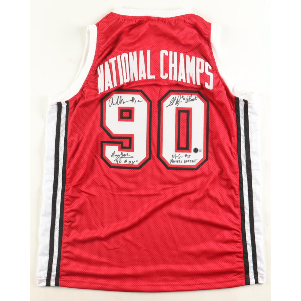1989-1990 UNLV Runnin' Rebels Championship Team-Signed Jersey By (4) With Larry Johnson, Stacy Augmon, Anderson Hunt & Moses Scurry Inscribed "'90 P.O.Y.'" & "Amoeba Defense" (Beckett) at PristineAuction.com 1989-1990 UNLV Runnin' Rebels Championship Team-Signed Jersey By (4) With Larry Johnson, Stacy Augmon, Anderson Hunt & Moses Scurry Inscribed "'90 P.O.Y.'" & "Amoeba Defense" (Beckett) at PristineAuction.com