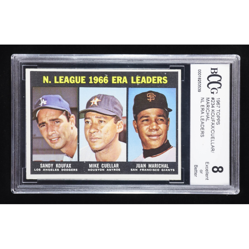 Sandy Koufax / Mike Cuellar / Juan Marichal 1967 Topps #234 / NL ERA Leaders (BCCG 8) at PristineAuction.com