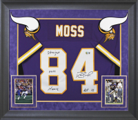 Randy Moss Signed Vikings Custom Framed Mitchell & Ness Jersey Inscribed "HOF 18" & "Straight Cash Homie" (Beckett) at PristineAuction.com