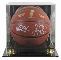 Magic Johnson & Larry Bird Signed NBA Finals Trophy Special Edition Basketball with Display Case (Beckett) at PristineAuction.com