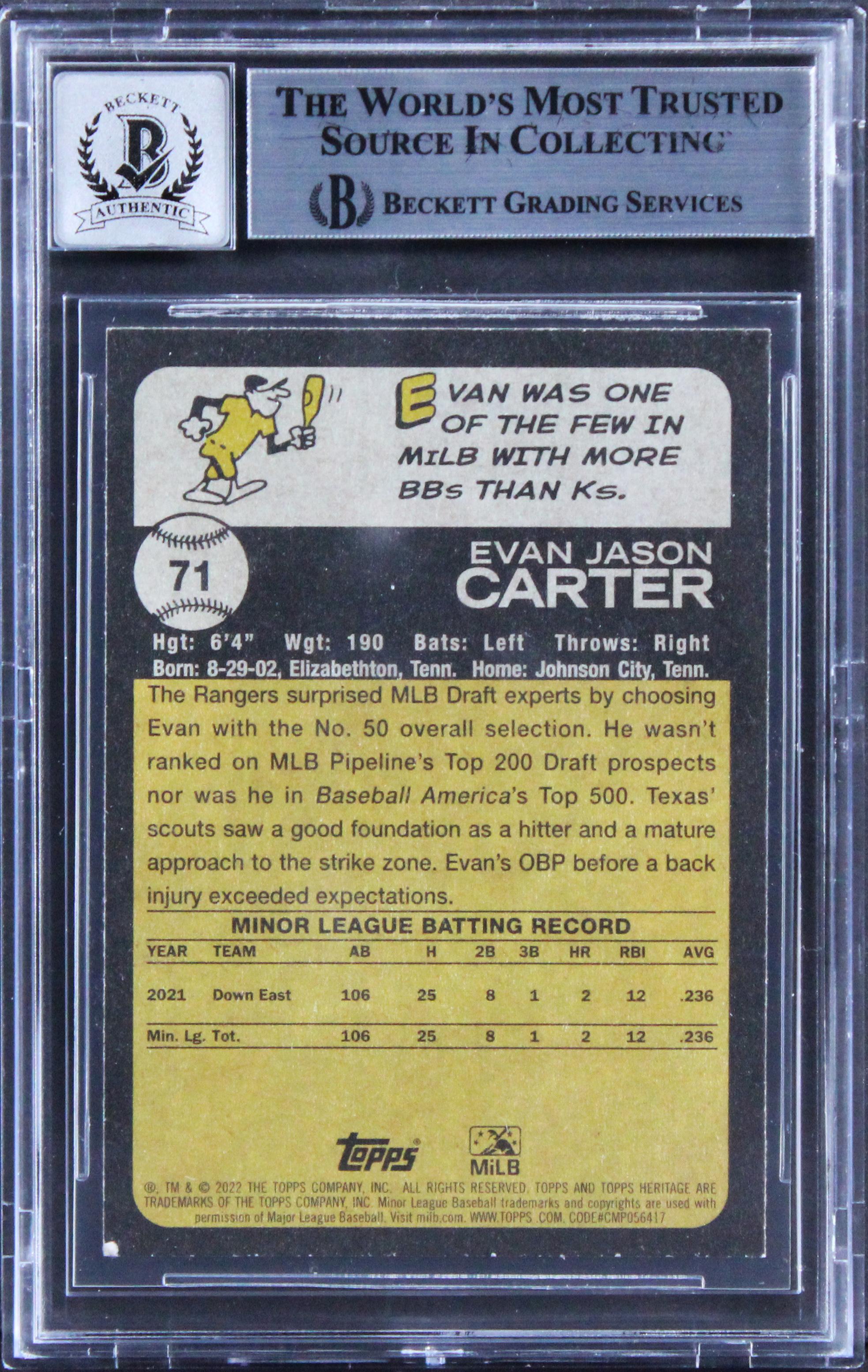 Evan Carter Signed 2022 Topps Heritage Minors #71 RC (BGS | Auto 10) at PristineAuction.com Evan Carter Signed 2022 Topps Heritage Minors #71 RC (BGS | Auto 10) at PristineAuction.com