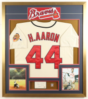Hank Aaron Signed Custom Framed Cut Display with Jersey & HOF Pin (PSA) at PristineAuction.com