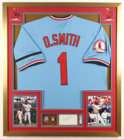 Ozzie Smith Signed Custom Framed Cut Display with Jersey & (2) Pins (PSA) at PristineAuction.com