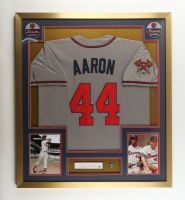 Hank Aaron Signed Custom Framed Cut Display with Jersey & Logo Pin (PSA) at PristineAuction.com