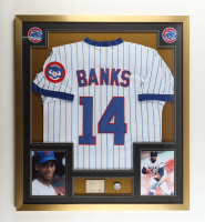 Ernie Banks Signed Custom Framed Cut Display with Jersey & Wrigley Field Pin (PSA) at PristineAuction.com