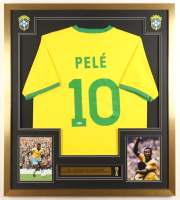 Pele Signed Custom Framed Jersey Display with Stat Plaque & World Cup Pin (Beckett) at PristineAuction.com