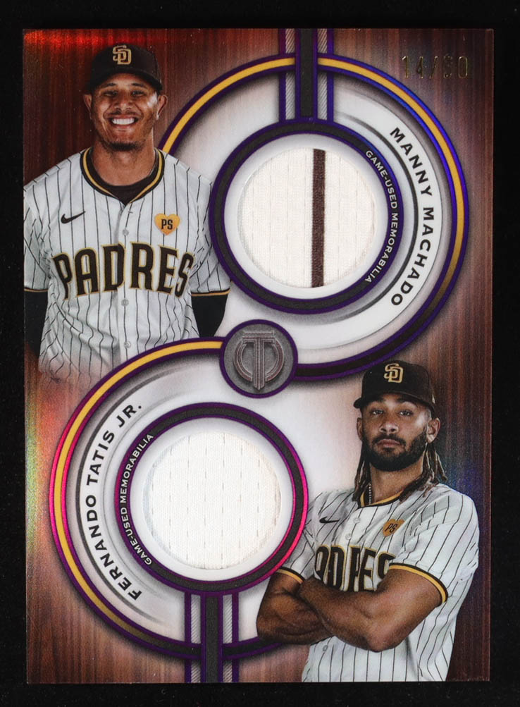 Manny Machado / Fernando Tatis Jr. 2025 Topps Tribute Dual Player Relics Purple #TPDRMT #14/50 at PristineAuction.com Manny Machado / Fernando Tatis Jr. 2025 Topps Tribute Dual Player Relics Purple #TPDRMT #14/50 at PristineAuction.com