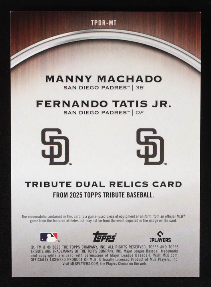 Manny Machado / Fernando Tatis Jr. 2025 Topps Tribute Dual Player Relics Purple #TPDRMT #14/50 at PristineAuction.com Manny Machado / Fernando Tatis Jr. 2025 Topps Tribute Dual Player Relics Purple #TPDRMT #14/50 at PristineAuction.com