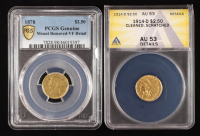 $2.50 Gold Coin Lot with 1914-D Indian Quarter Eagle - Cleaned, Scratched (ANACS AU 53 Details) & 1878 U.S. Liberty Quarter Eagle- Mount Removed - Gold Shield (PCGS Genuine) at PristineAuction.com